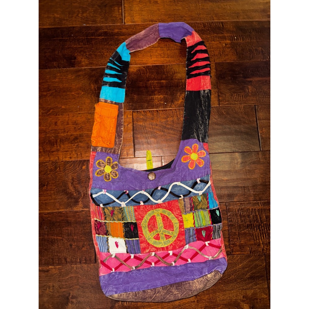 Boho Patchwork Hobo Bag Peace Sign Crossbody Sling Festival Hippie Multi Color